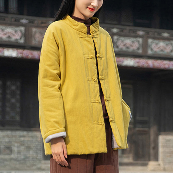 Veste thermique femme en coton uni à manches longues et poches, ornée de boutons grenouille, de la Buddha Stones Winter - image 5