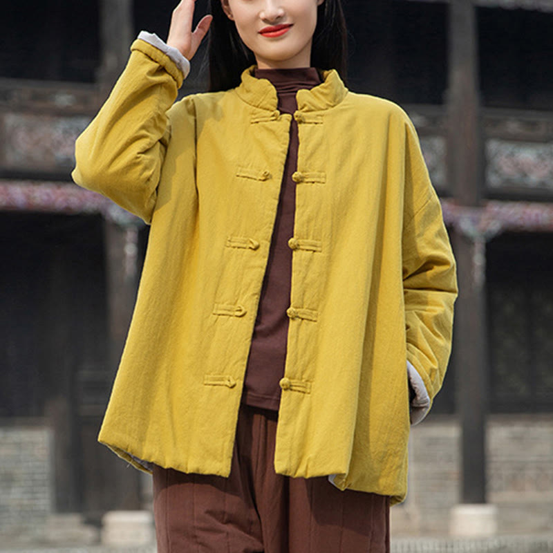 Veste thermique femme en coton uni à manches longues et poches, ornée de boutons grenouille, de la Buddha Stones Winter - image 4