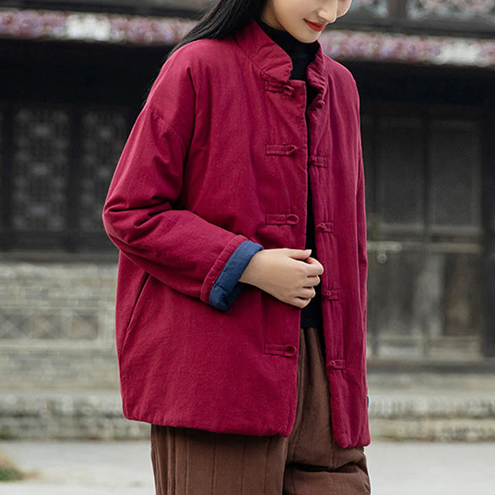 Veste thermique femme en coton uni à manches longues et poches, ornée de boutons grenouille, de la Buddha Stones Winter - image 23