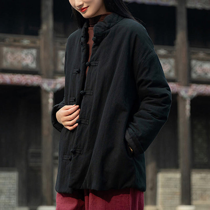 Veste thermique femme en coton uni à manches longues et poches, ornée de boutons grenouille, de la Buddha Stones Winter - image 14