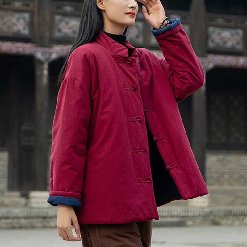 Veste thermique femme en coton uni à manches longues et poches, ornée de boutons grenouille, de la Buddha Stones Winter - image 20