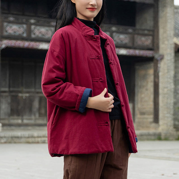 Veste thermique femme en coton uni à manches longues et poches, ornée de boutons grenouille, de la Buddha Stones Winter - image 22