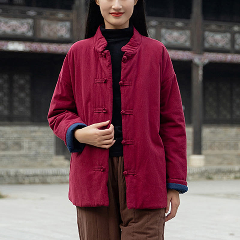 Veste thermique femme en coton uni à manches longues et poches, ornée de boutons grenouille, de la Buddha Stones Winter - image 21