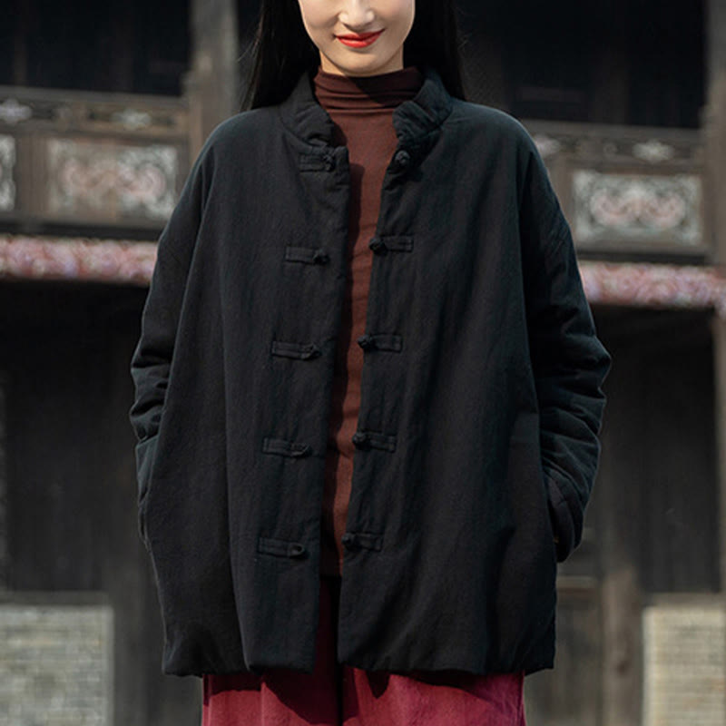 Veste thermique femme en coton uni à manches longues et poches, ornée de boutons grenouille, de la Buddha Stones Winter - image 16