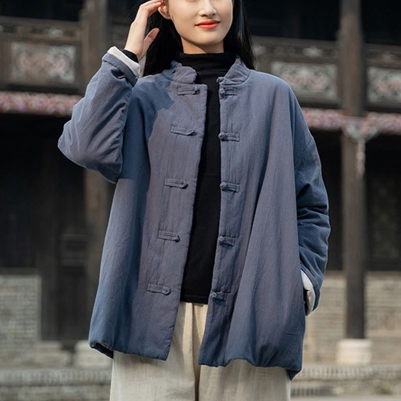 Veste thermique femme en coton uni à manches longues et poches, ornée de boutons grenouille, de la Buddha Stones Winter - image 28