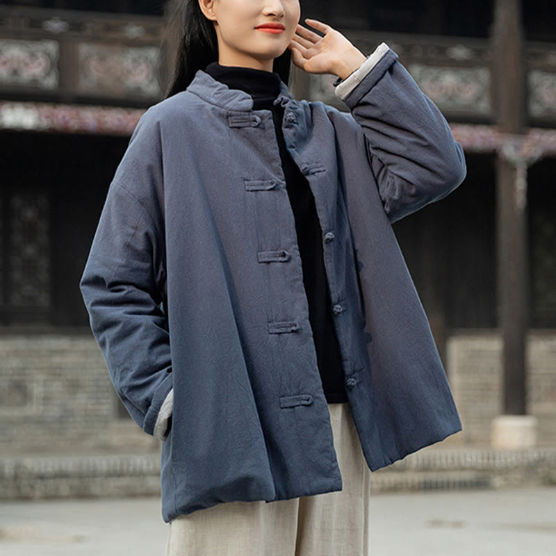 Veste thermique femme en coton uni à manches longues et poches, ornée de boutons grenouille, de la Buddha Stones Winter - image 27