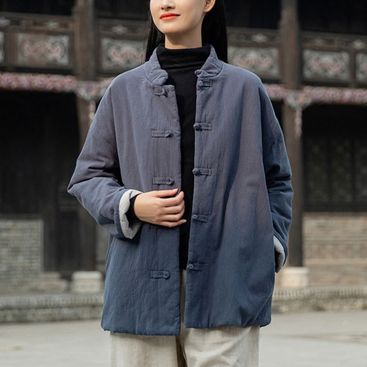 Veste thermique femme en coton uni à manches longues et poches, ornée de boutons grenouille, de la Buddha Stones Winter - image 26