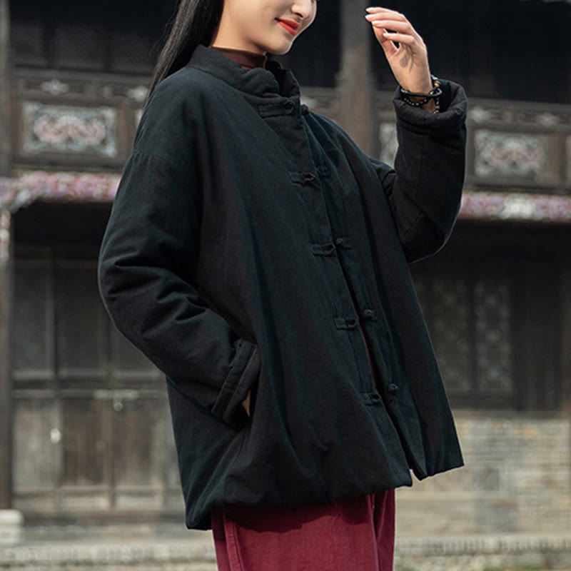 Veste thermique femme en coton uni à manches longues et poches, ornée de boutons grenouille, de la Buddha Stones Winter - image 13