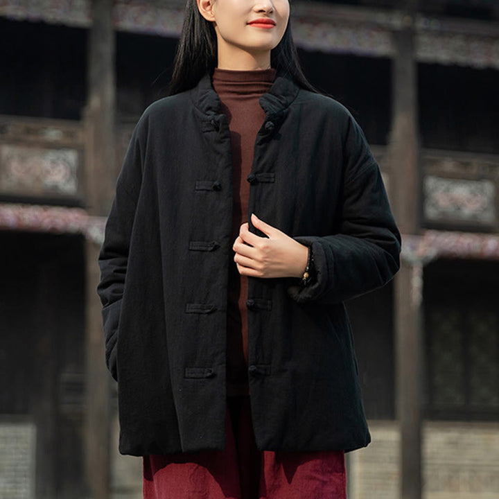 Veste thermique femme en coton uni à manches longues et poches, ornée de boutons grenouille, de la Buddha Stones Winter - image 12