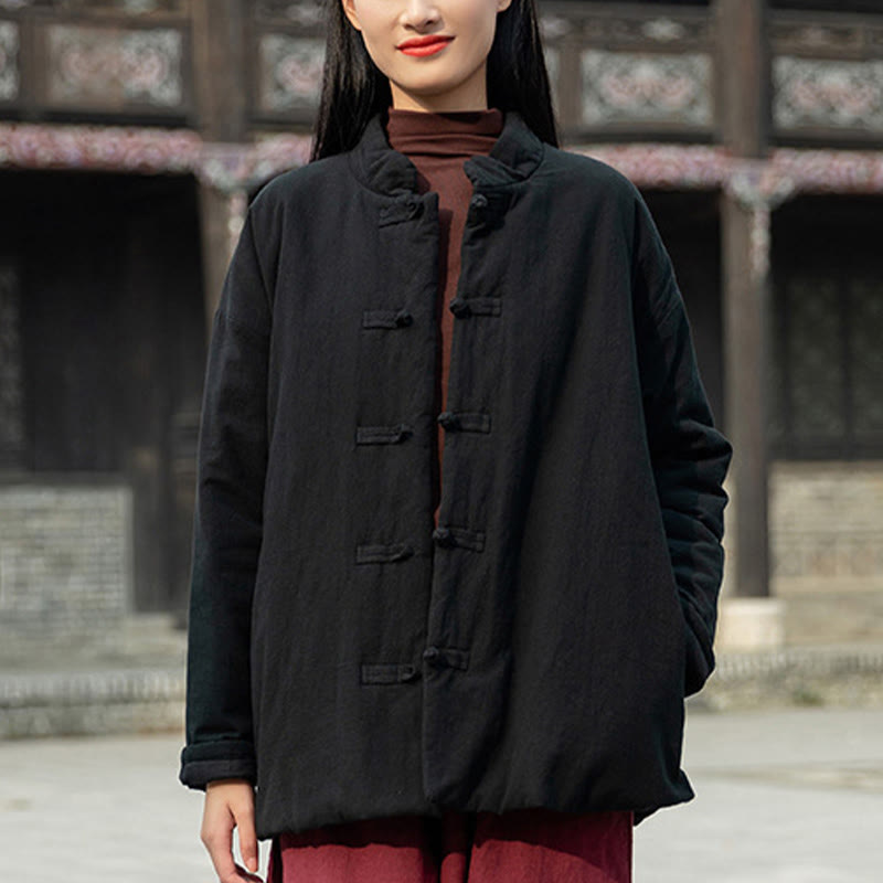 Veste thermique femme en coton uni à manches longues et poches, ornée de boutons grenouille, de la Buddha Stones Winter - image 15