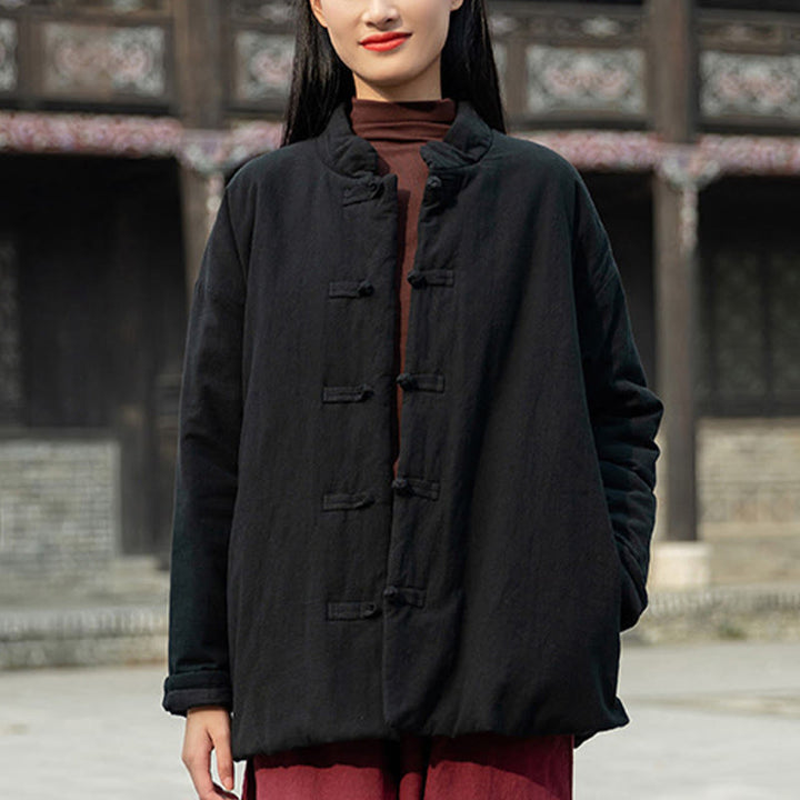 Veste thermique femme en coton uni à manches longues et poches, ornée de boutons grenouille, de la Buddha Stones Winter - image 15