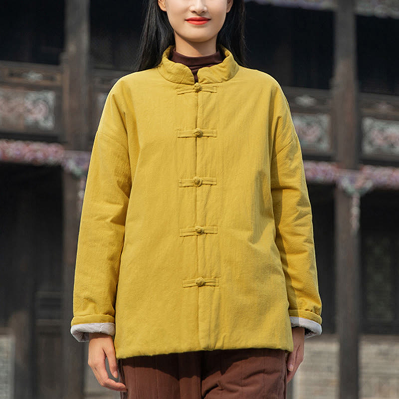 Veste thermique femme en coton uni à manches longues et poches, ornée de boutons grenouille, de la Buddha Stones Winter - image 3