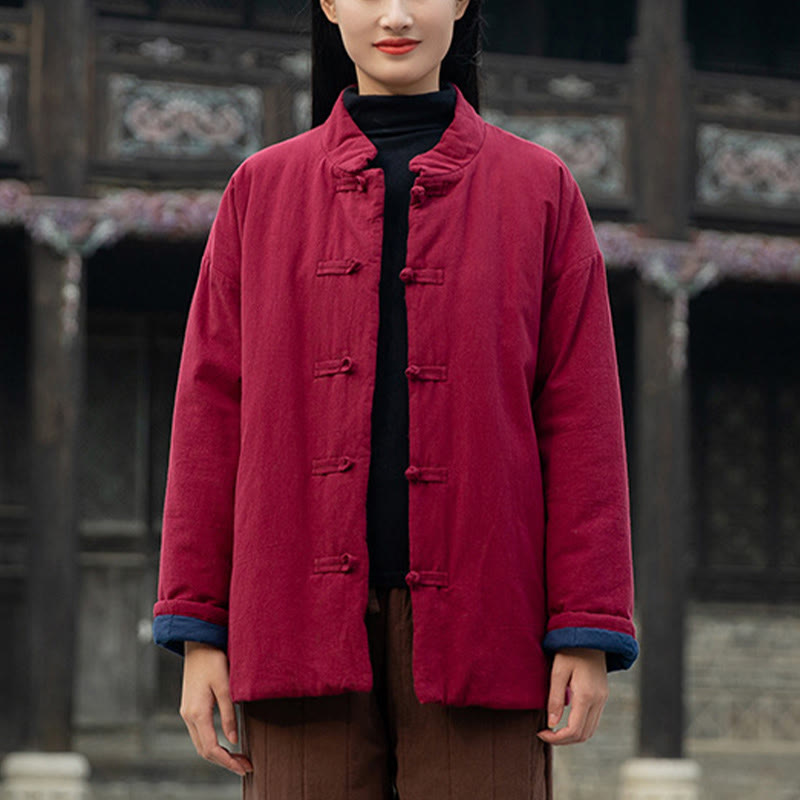 Veste thermique femme en coton uni à manches longues et poches, ornée de boutons grenouille, de la Buddha Stones Winter - image 19