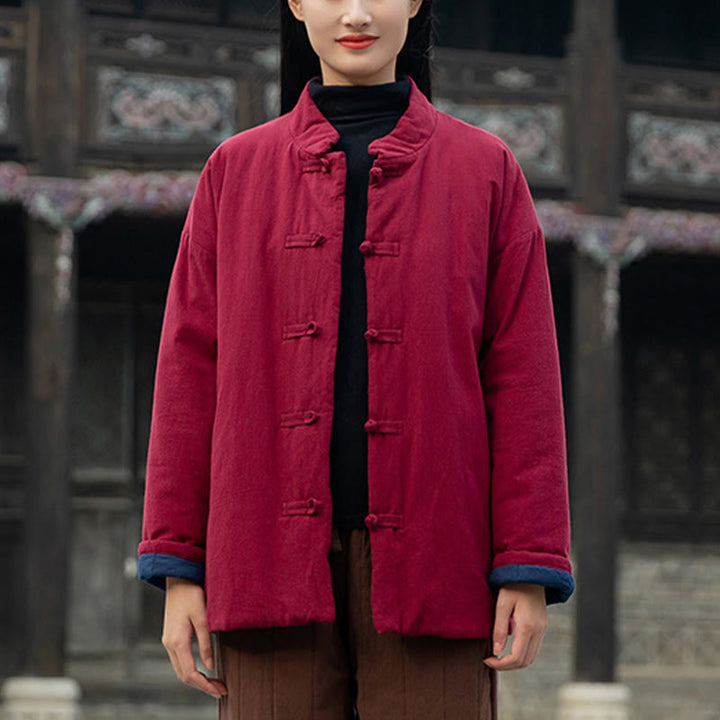 Veste thermique femme en coton uni à manches longues et poches, ornée de boutons grenouille, de la Buddha Stones Winter - image 19