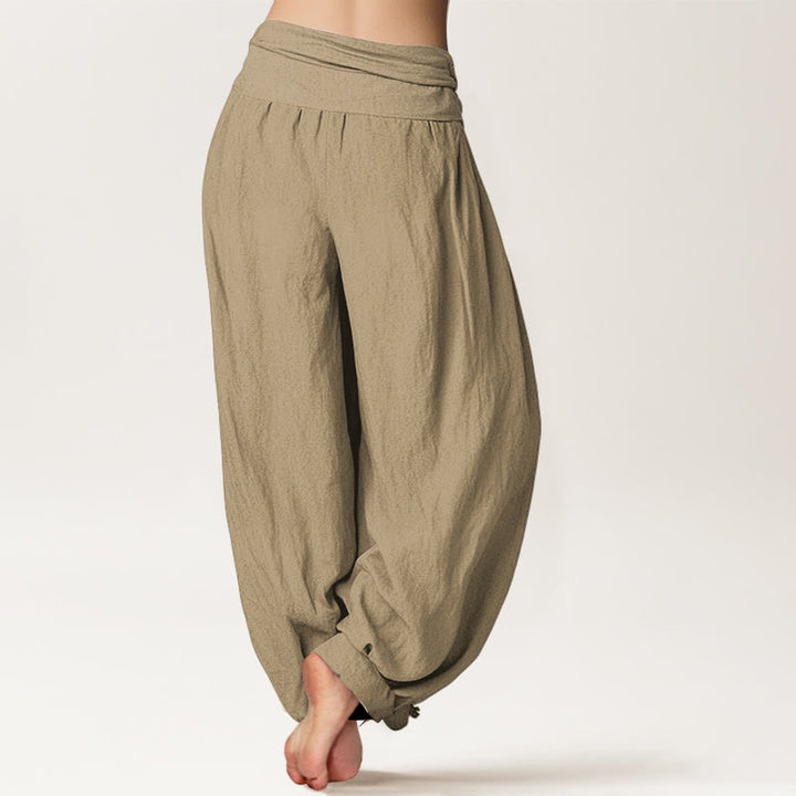 Pantalon harem femme en coton beige uni, motif Buddha Stones, taille élastique - image 1