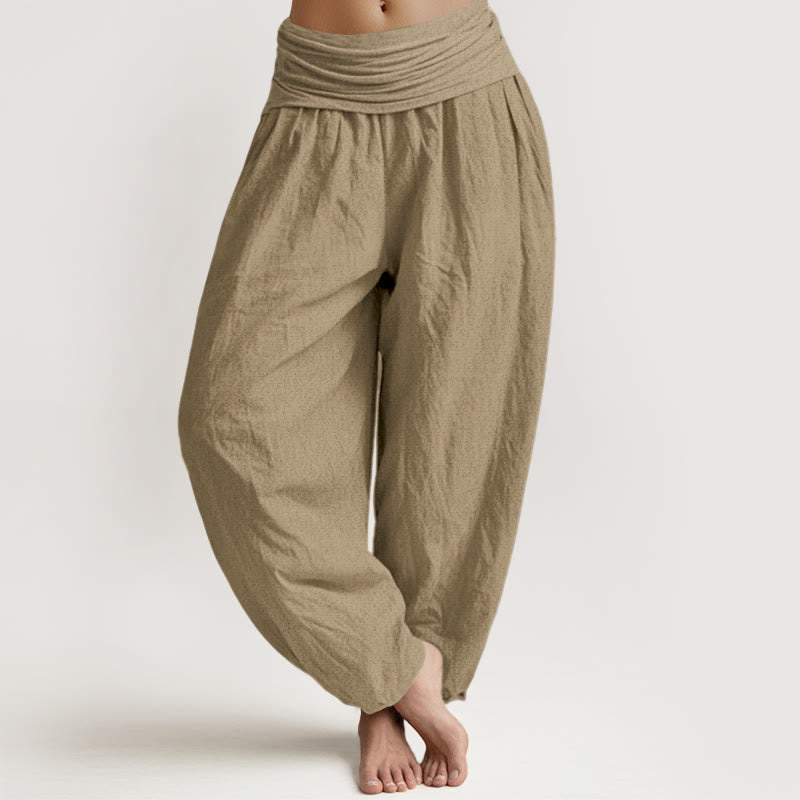 Pantalon harem femme en coton beige uni, motif Buddha Stones, taille élastique - Tanné - US16，UK/AU20，EU48 (3XL) - image 0