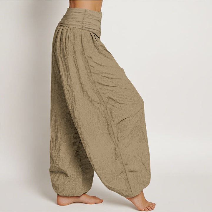 Pantalon harem femme en coton beige uni, motif Buddha Stones, taille élastique - image 2