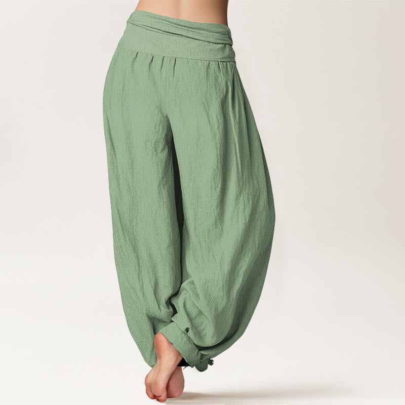 Pantalon harem pour femme, en coton vert uni, motif Buddha Stones, taille élastique - image 1