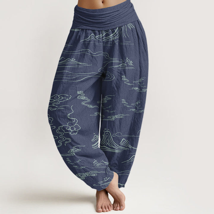Pantalon harem à taille élastique pour femme , Buddha Stones, montagne de coton, lune et nuages ​​de bon augure - SteelBlue - US22，UK/AU26，EU54 (6XL) - image 4