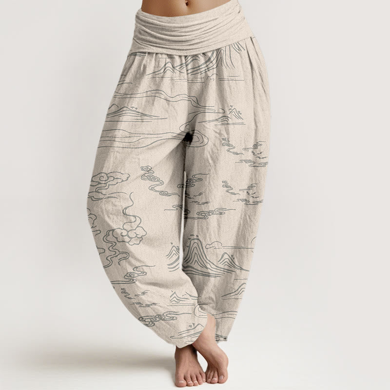 Pantalon harem à taille élastique pour femme , Buddha Stones, montagne de coton, lune et nuages ​​de bon augure - Beige - US22，UK/AU26，EU54 (6XL) - image 7