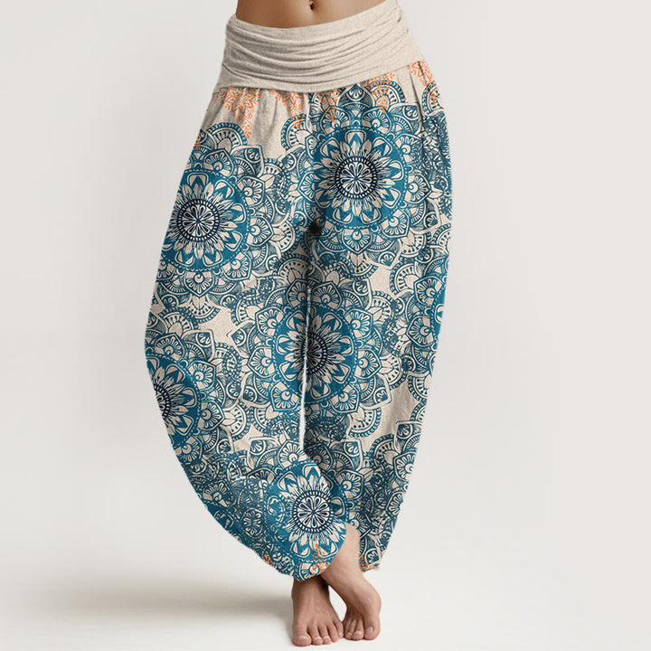 Pantalon sarouel femme en pur coton à motifs mandalas triangulaires et Buddha Stones, taille élastique - Beige - US22，UK/AU26，EU54 (6XL) - image 5