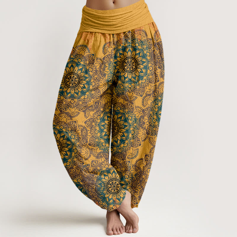 Pantalon sarouel femme en pur coton à motifs mandalas triangulaires et Buddha Stones, taille élastique - Or - US22，UK/AU26，EU54 (6XL) - image 11