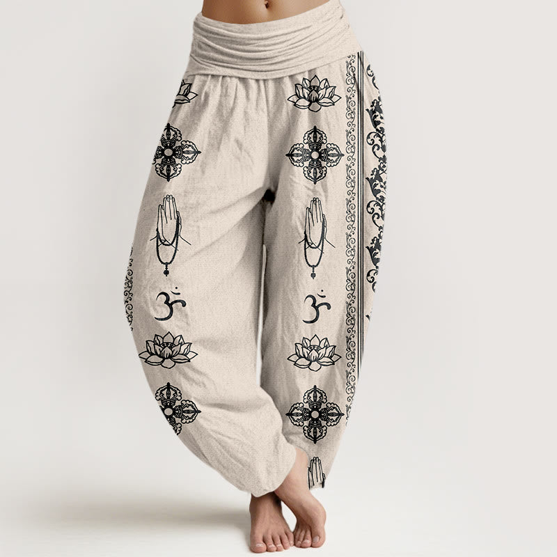 Pantalon sarouel taille élastique pour femme, motif Buddha Stones, pur coton, fleurs de lotus, double Dorje, Vajra, Namaste, Om - Beige - US22，UK/AU26，EU54 (6XL) - image 11