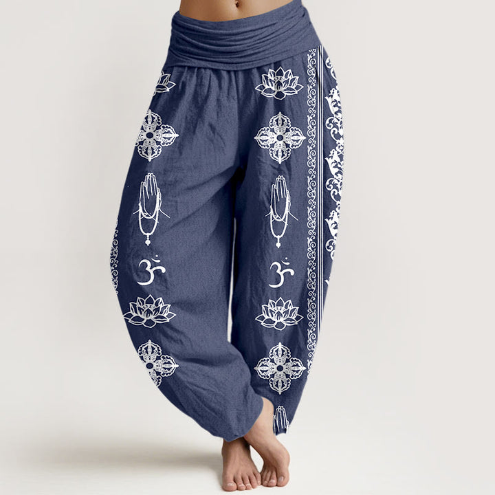 Pantalon harem à taille élastique pour femme, orné de Buddha Stones, de fleurs de lotus en coton et de motifs double Dorje Vajra Namaste Om. - SteelBlue - US22，UK/AU26，EU54 (6XL) - image 11