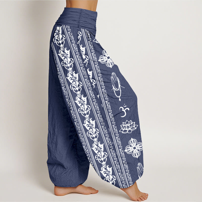 Pantalon harem à taille élastique pour femme, orné de Buddha Stones, de fleurs de lotus en coton et de motifs double Dorje Vajra Namaste Om. - image 13