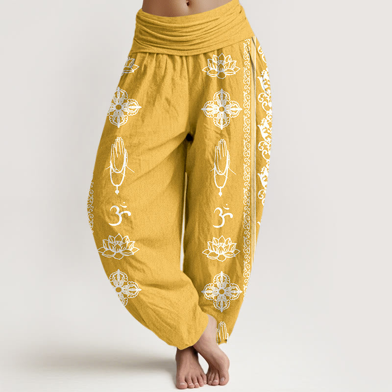Pantalon harem à taille élastique pour femme, orné de Buddha Stones, de fleurs de lotus en coton et de motifs double Dorje Vajra Namaste Om. - Or - US22，UK/AU26，EU54 (6XL) - image 17