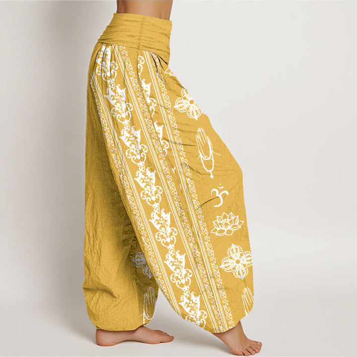 Pantalon harem à taille élastique pour femme, orné de Buddha Stones, de fleurs de lotus en coton et de motifs double Dorje Vajra Namaste Om. - image 19