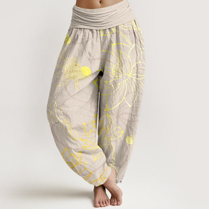 Pantalon harem à taille élastique pour femme , Buddha Stones, coton, feuille de lotus et carpe koï - Beige - US22，UK/AU26，EU54 (6XL) - image 7