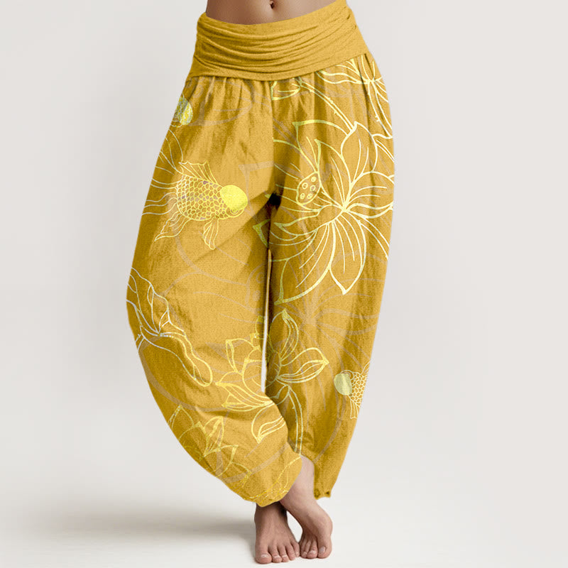 Pantalon Buddha Stones taille élastique en pur coton motif feuilles de lotus et poissons koï pour femme - Or - US22，UK/AU26，EU54 (6XL) - image 11