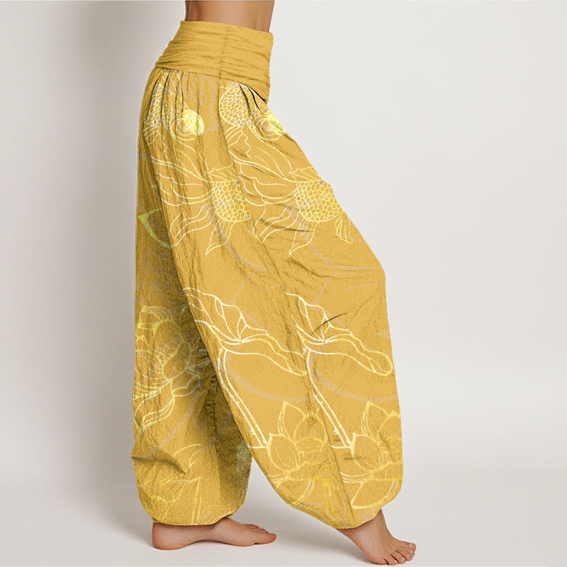 Pantalon Buddha Stones taille élastique en pur coton motif feuilles de lotus et poissons koï pour femme - image 13