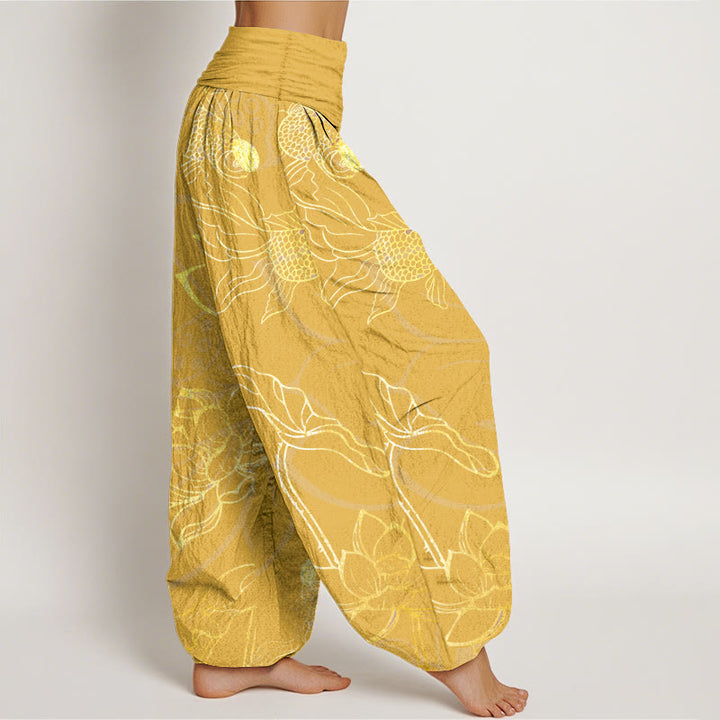Pantalon Buddha Stones taille élastique en pur coton motif feuilles de lotus et poissons koï pour femme - image 13