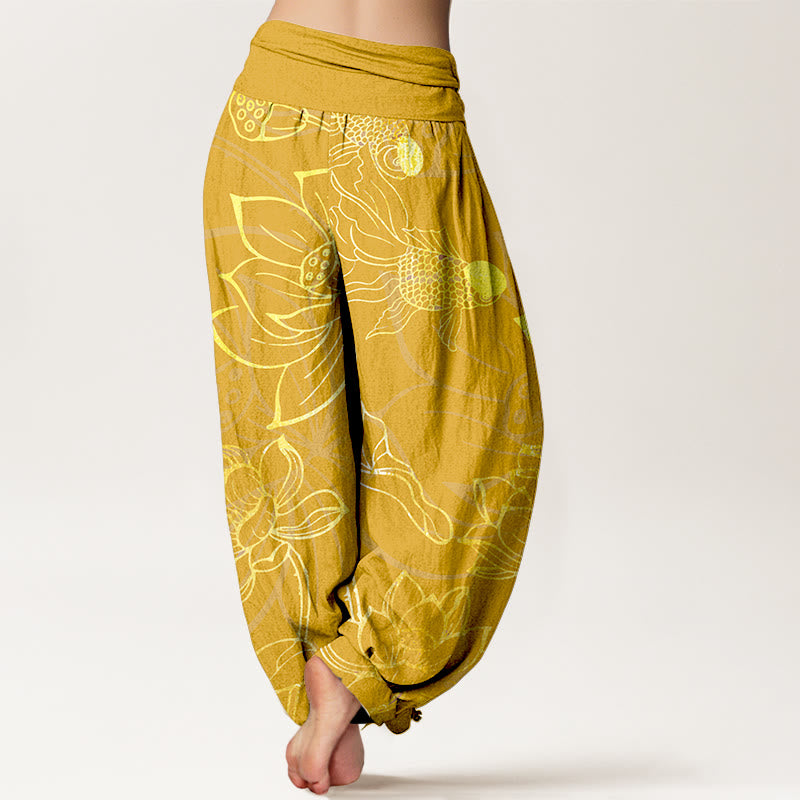 Pantalon Buddha Stones taille élastique en pur coton motif feuilles de lotus et poissons koï pour femme - image 12