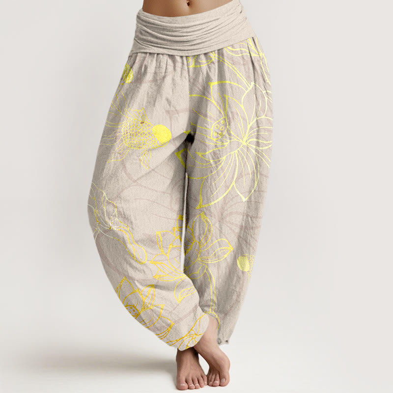 Pantalon Buddha Stones taille élastique en pur coton motif feuilles de lotus et poissons koï pour femme - Beige - US22，UK/AU26，EU54 (6XL) - image 8