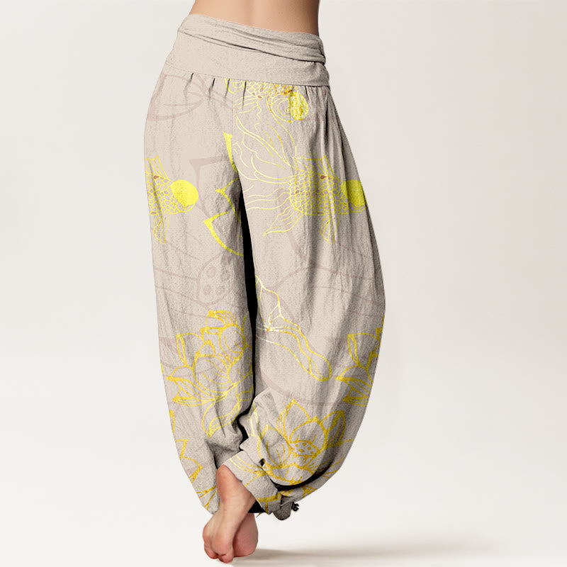 Pantalon Buddha Stones taille élastique en pur coton motif feuilles de lotus et poissons koï pour femme - image 9