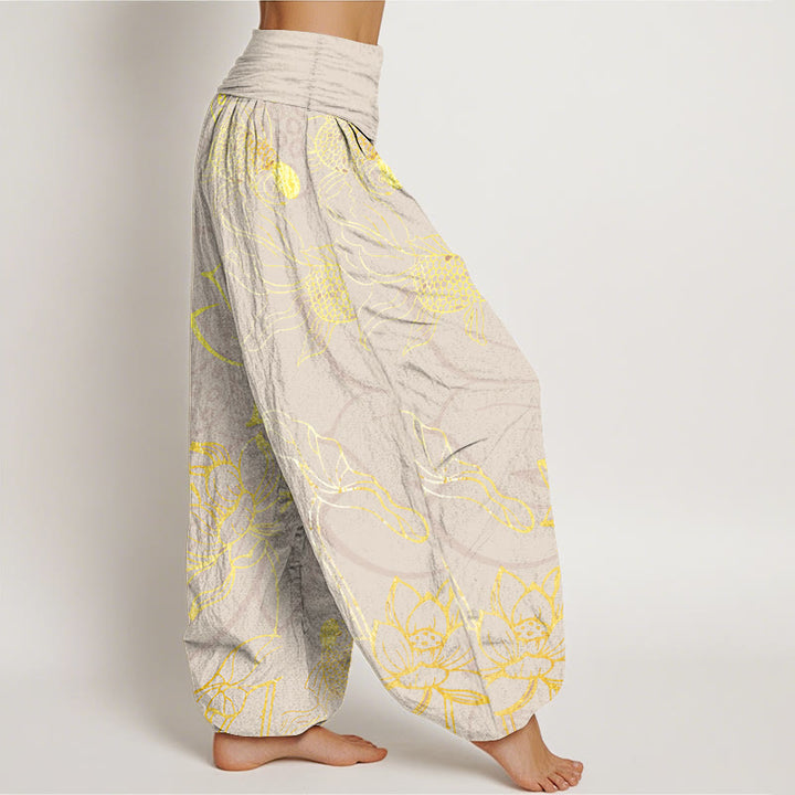 Pantalon Buddha Stones taille élastique en pur coton motif feuilles de lotus et poissons koï pour femme - image 10