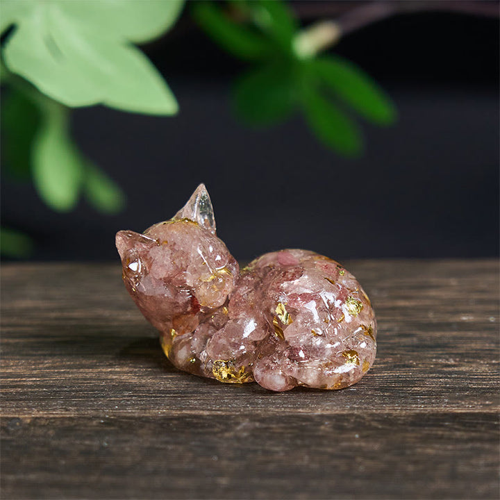 Buddha Stones, éclats de cristal, résine époxy, petit chat, décoration positive  - Quartz fraise (32*43*53 mm) - image 10