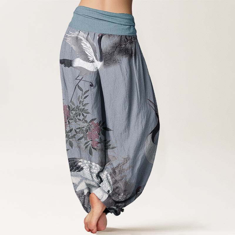 Pantalon Buddha Stones en pur coton avec motif grue à couronne rouge et pin pour femme, taille élastique - image 9