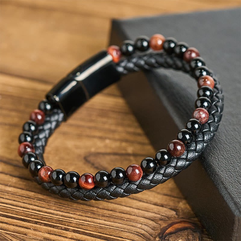 Bracelet de protection en cuir, onyx noir, œil de tigre et Buddha Stones - Œil de tigre rouge (Tour de poignet : 18-19 cm) - image 0
