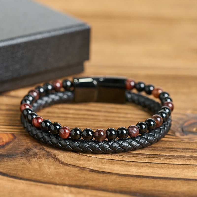 Bracelet de protection en cuir, onyx noir, œil de tigre et Buddha Stones - image 1