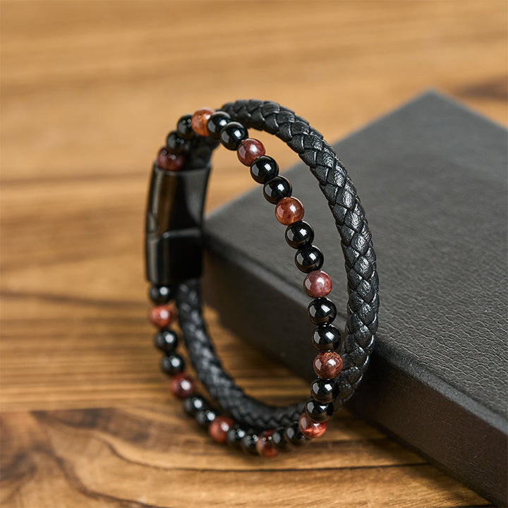 Bracelet de protection en cuir, onyx noir, œil de tigre et Buddha Stones - image 3