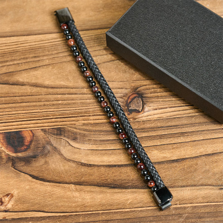 Bracelet de protection en cuir, onyx noir, œil de tigre et Buddha Stones - image 4