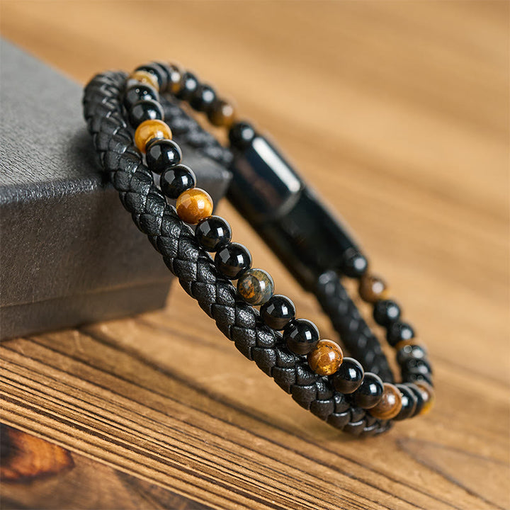 Bracelet de protection en cuir, onyx noir, œil de tigre et Buddha Stones - image 11