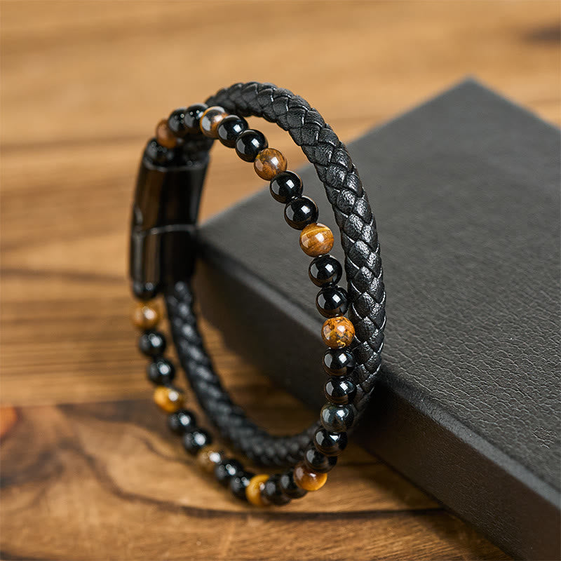 Bracelet de protection en cuir, onyx noir, œil de tigre et Buddha Stones - image 12