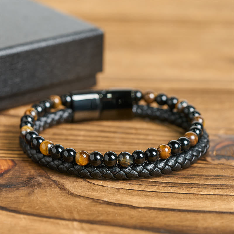 Bracelet de protection en cuir, onyx noir, œil de tigre et Buddha Stones - image 10
