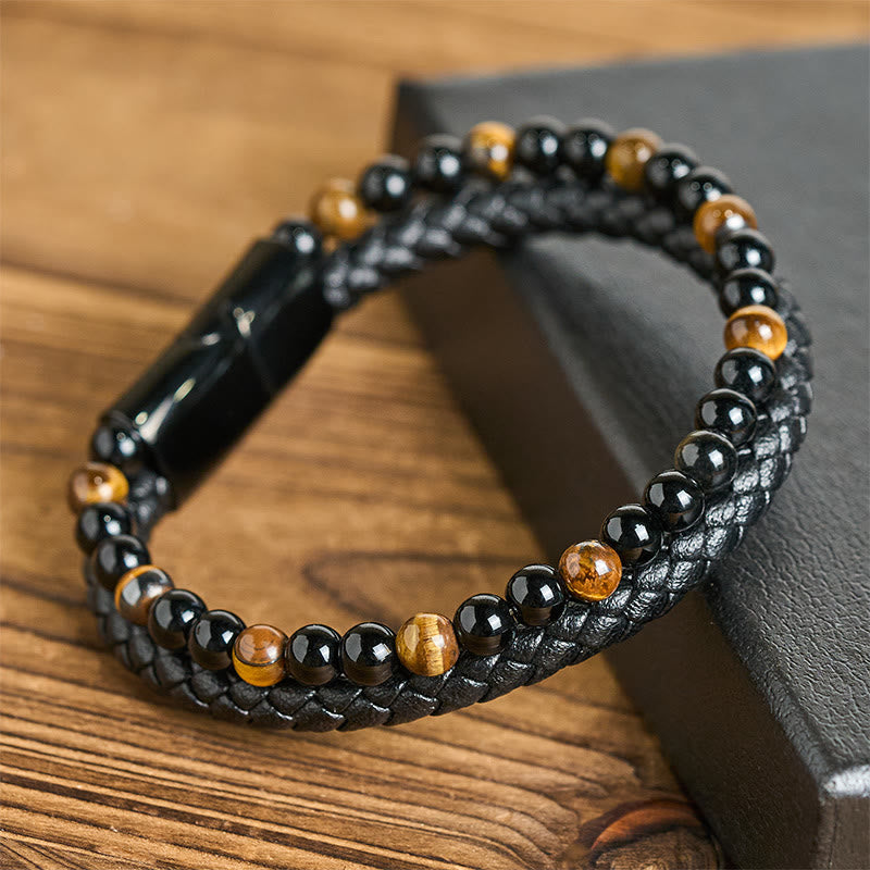 Bracelet de protection en cuir, onyx noir, œil de tigre et Buddha Stones - Œil de tigre jaune (Tour de poignet : 18-19 cm) - image 9