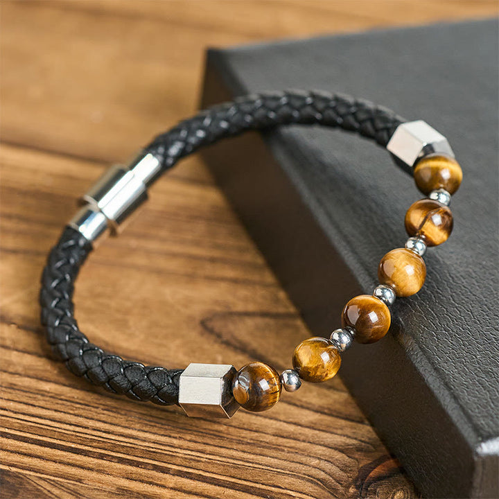 Buddha Stones Bracelet en cuir avec œil de tigre et acier titane, symbole de courage et d'équilibre - Œil de tigre (Tour de poignet : 18-19 cm) - image 0